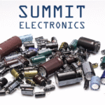 Hard to find, old, and obsolete electrolytic capacitors of different values next to a logo for Summit Electronics