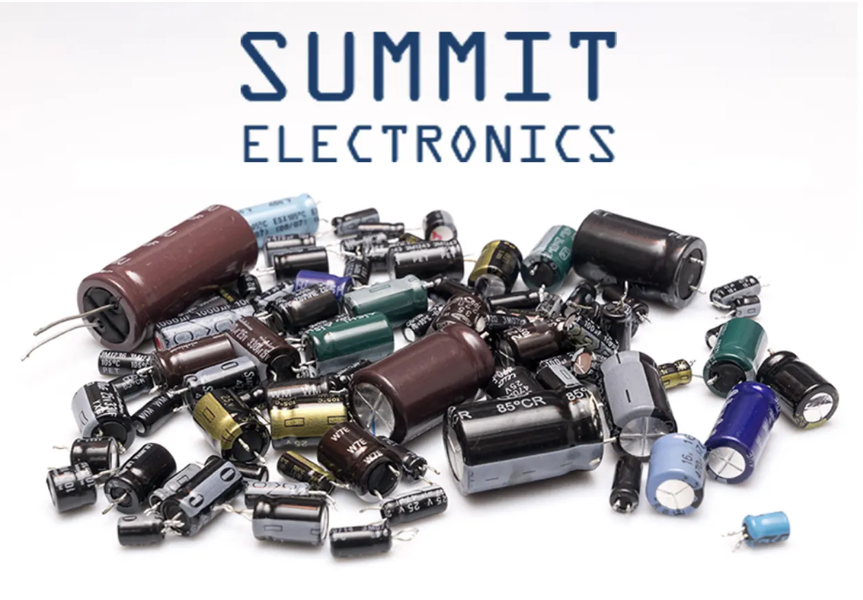 Hard to find, old, and obsolete electrolytic capacitors of different values next to a logo for Summit Electronics