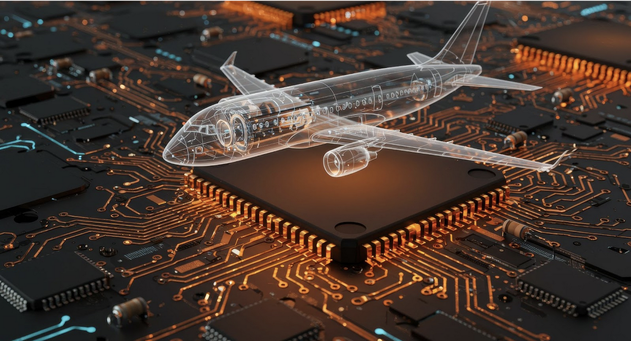 A transparent commercial airplane atop a glowing microchip and other aerospace electronic components on a motherboard