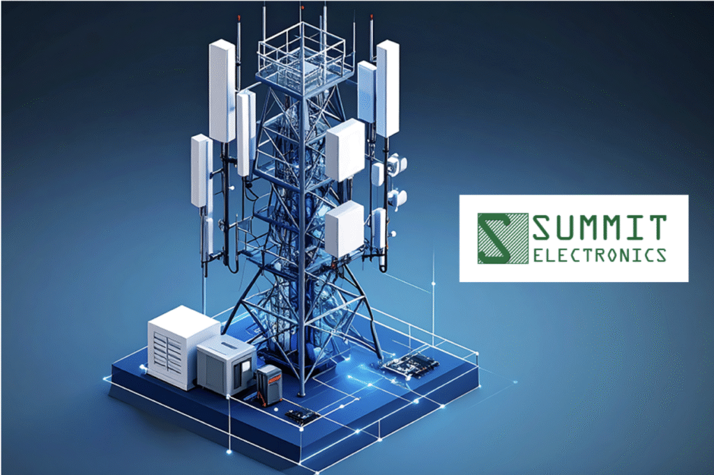 A cell phone tower that uses telecommunication electronic components sold by Summit Electronics