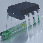 8 Pin dual-in-line integrated circuit in a black plastic package above a reed switch