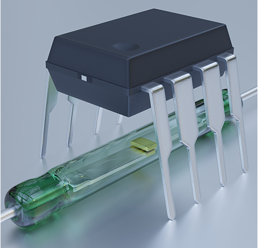 8 Pin dual-in-line integrated circuit in a black plastic package above a reed switch