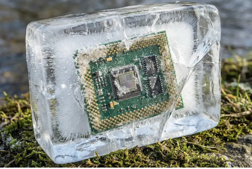 An integrated circuit stuck in a block of ice.