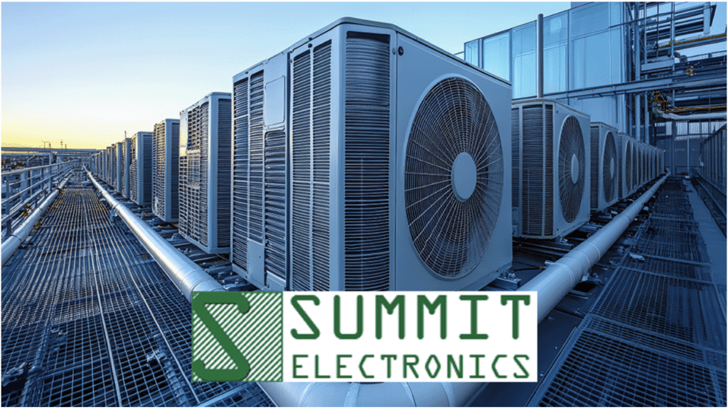 A large industrial HVAC system on a rooftop with the logo for Summit Electronics.