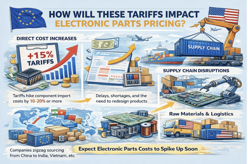 An illustrated infographic showing the impact of US tariffs on EU electronic parts pricing.