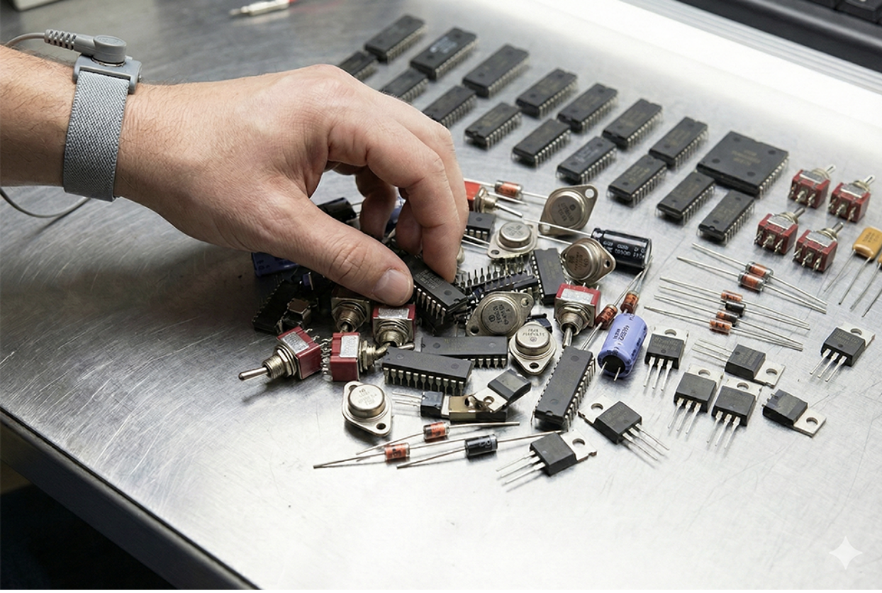 a hand with an anti-static wrist band sorting through a pile of obsolete electronic parts.