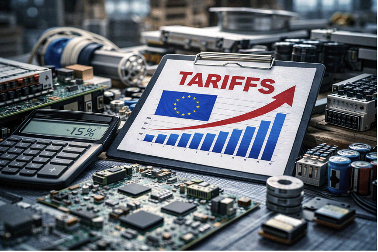 various electronic components with a clipboard showing rising EU tariffs which will drive up costs.