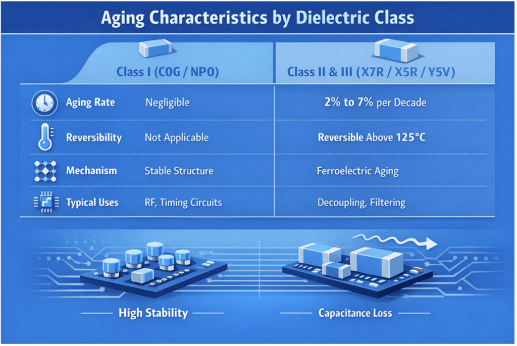 An Illustrated infographic showing the aging characteristics of certain ceramic capacitors.