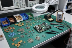 An MRO repair table covered in various types of ceramic capacitors.