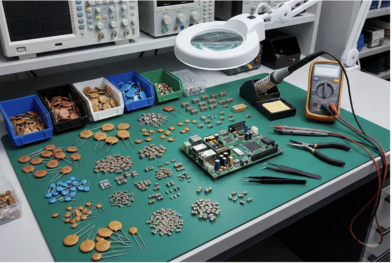 An MRO repair table covered in various types of ceramic capacitors.
