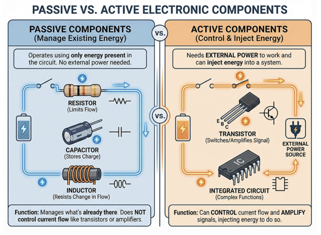 An illustrated infographic showing the difference between passive and active electronic components.