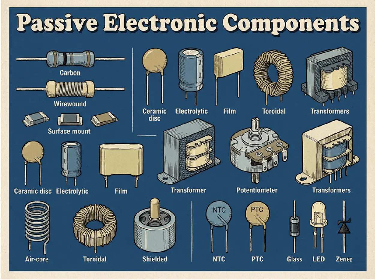 An illustration showing various passive electronic components sold by Summit Electronics.