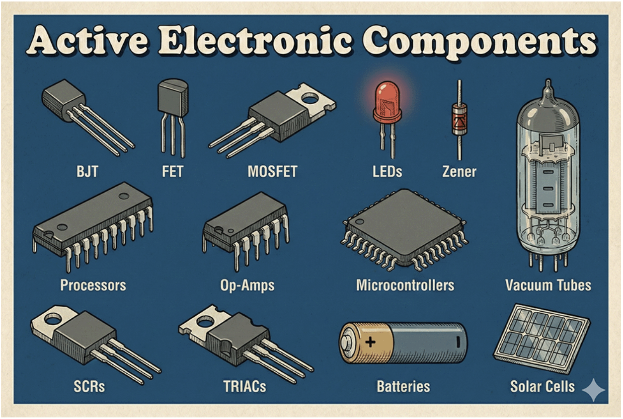 An illystration showing active electronic components available from Summit Electronics.