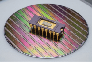 A DRAM Semiconductor sitting in a wafer of memory chips.