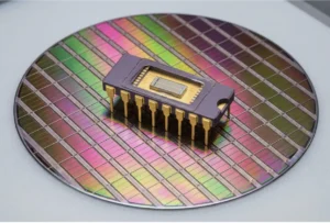 A DRAM Semiconductor sitting in a wafer of memory chips.