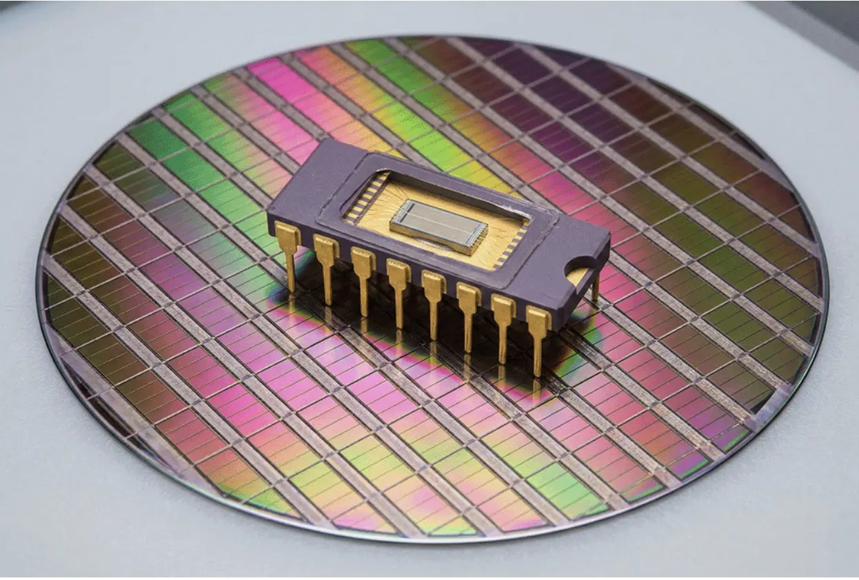 A DRAM Semiconductor sitting in a wafer of memory chips.