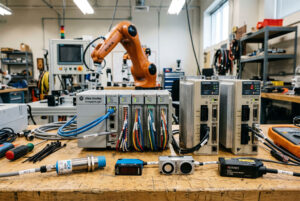 A workbench with electronic components used in the robotics manufacturing industry.