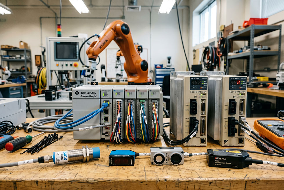 A workbench with electronic components used in the robotics manufacturing industry.