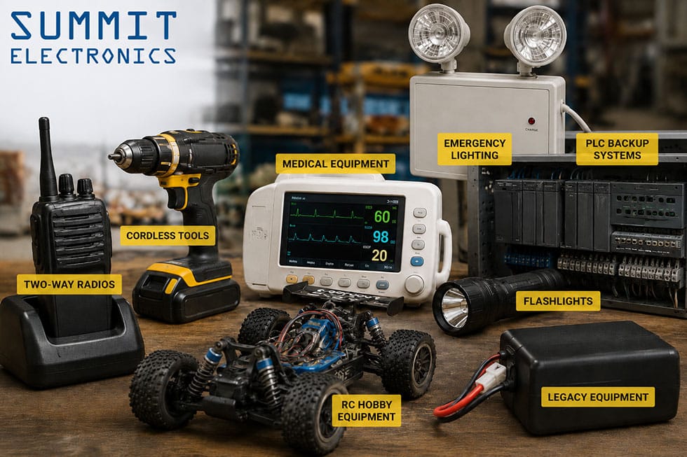 The different types of eqiupment that use battery packs sold by Summit Electronics.