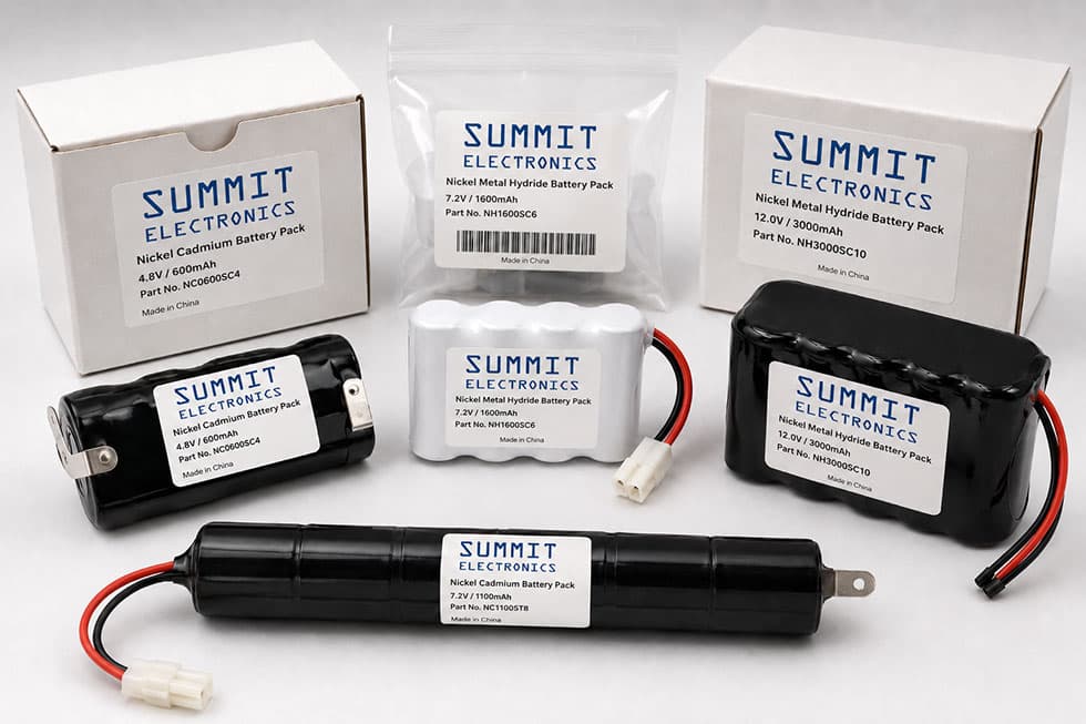 An example of the various NiCad And NiMH Pre-Made Battery Packs sold by Summit Electronics.