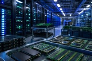 AI-related electronic components, memory modules, SSDs, and semiconductors in a blue and green data center lab environment.
