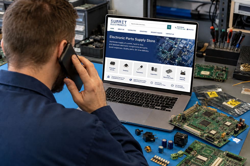 MRO technician calling Summit Electronics while sourcing hard-to-find electronic components from a laptop at a repair workbench.