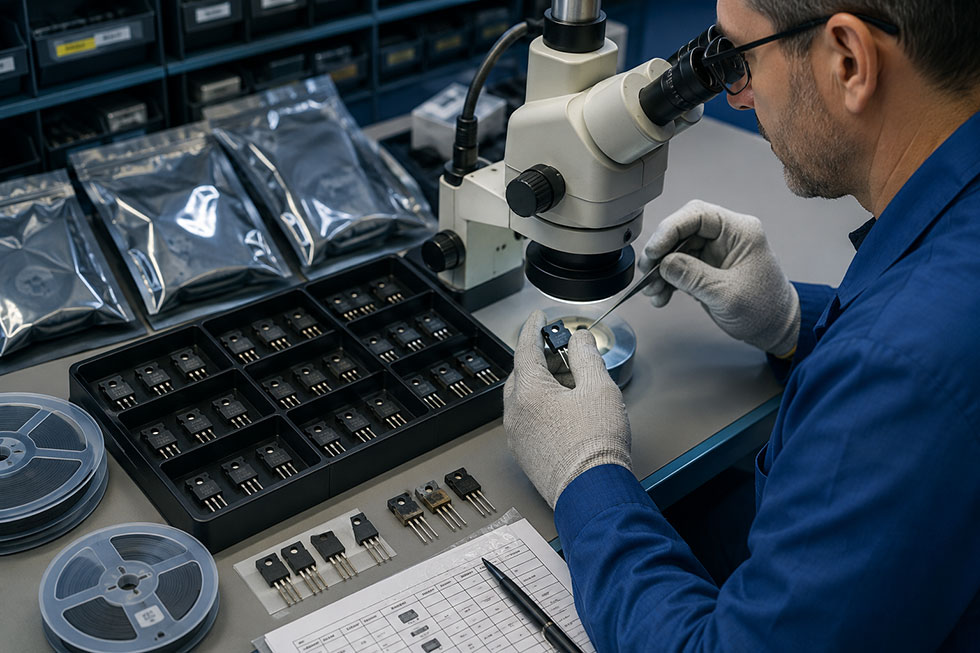 Technician inspecting obsolete semiconductor parts for counterfeit warning signs at an electronics workbench.