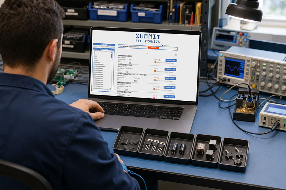 MRO technician seated at a repair station searches Summit Electronics for low-stock semiconductors and electronic components.