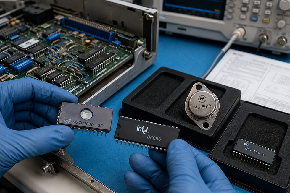 Technician comparing ST, Intel, Motorola, and Texas Instruments parts for semiconductor sourcing and legacy control board repair.