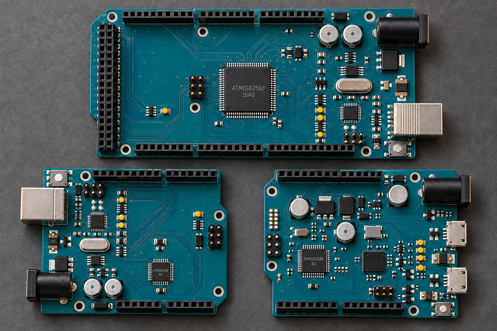 Microcontroller platforms featuring ATmega2560, ATmega328P, and SAMD21 chips for IoT development.
