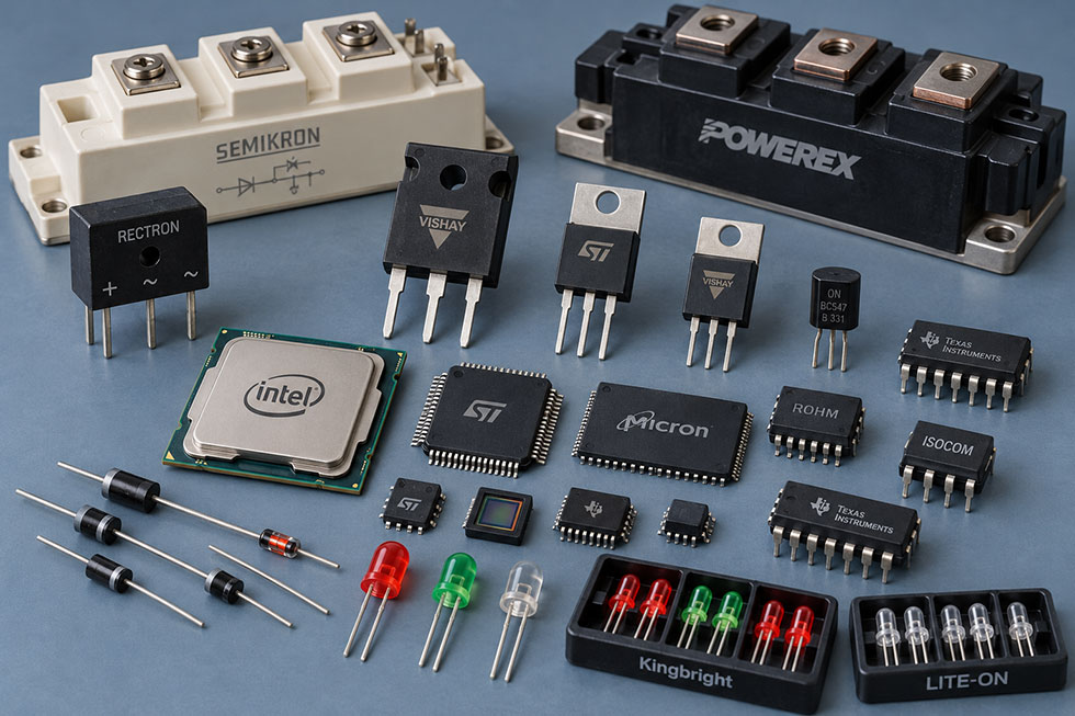 Semiconductor parts supplied by Summit Electronics, including branded integrated circuits, transistors, diodes, LEDs, and power modules.