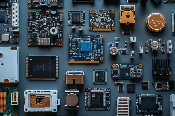 Detailed falat lay of computer components showcasing technology and electronics industry
