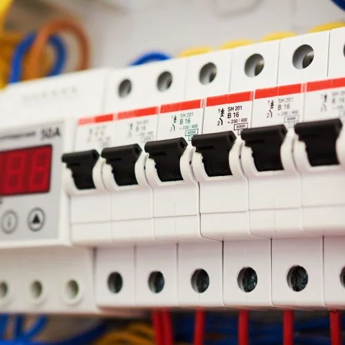 Fuse box, power supply circuit breakers. Voltage switchboard with electric automatic. Control panel electrical switches home electrical network.