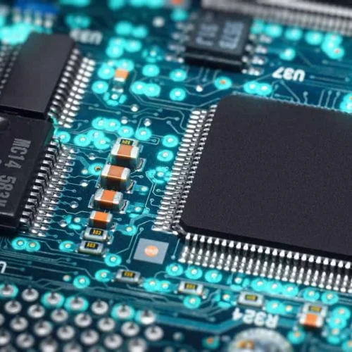Widescreen close up shot of SMD silicon microchip with editable