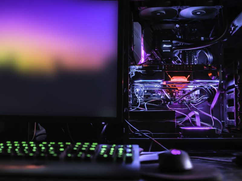liquid cooling high-end desktop pc 4k monitor and rgb mouse and keyboard for mining, gaming, rendering