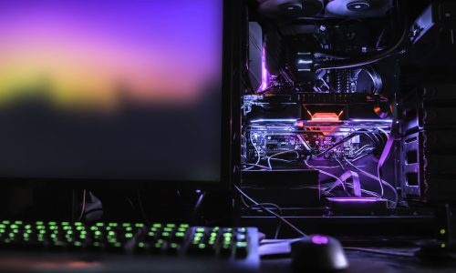liquid cooling high-end desktop pc 4k monitor and rgb mouse and keyboard for mining, gaming, rendering